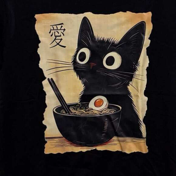 Generic Tops - Size Small Ramen Noodle Black Cat Custom Graphic Unisex T-Shirt